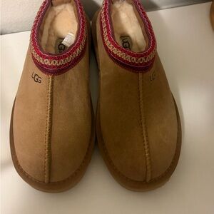 UGG Chestnut Suede Shearling Slip-On Mules with Red and Gold Trim